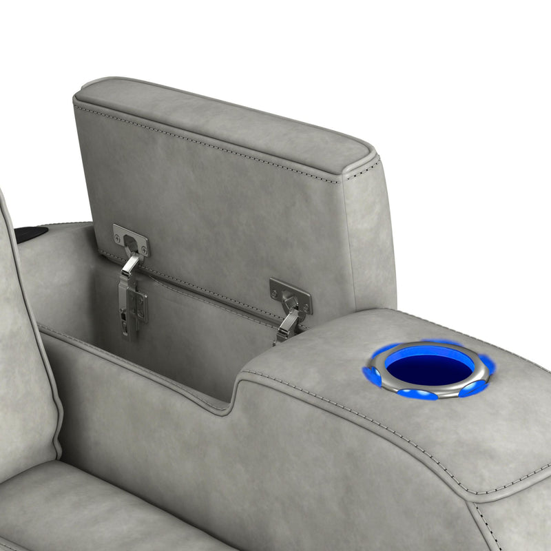 Prime Time - P3 Sofa With Ddt, 3.0 Table, 7 Colors (Led And Cup Holders), Reading Light, Vibration, Speaker, And Heat Massage - Leather Gel Light Gray