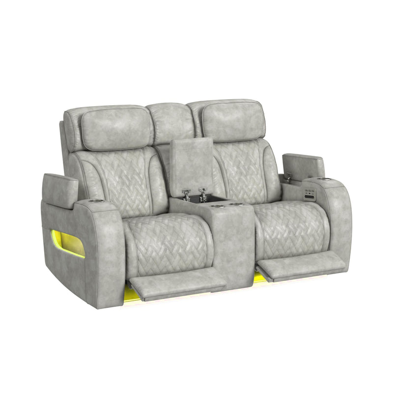 Prime Time - P3 Loveseat With Console, 7 Colors Led, Cup Holders And Wireless Charger Controller - Leather Gel Light Gray