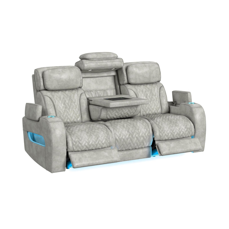 Prime Time - P3 Sofa With Ddt, 3.0 Table, 7 Colors (Led And Cup Holders), Reading Light, Vibration, Speaker, And Heat Massage - Leather Gel Light Gray