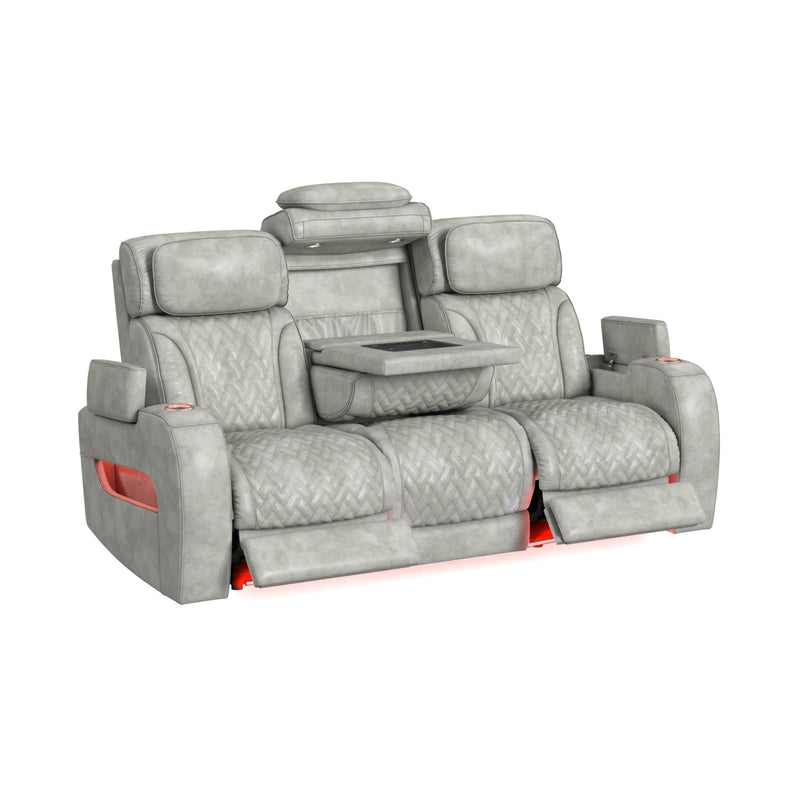 Prime Time - P3 Sofa With Ddt, 3.0 Table, 7 Colors (Led And Cup Holders), Reading Light, Vibration, Speaker, And Heat Massage - Leather Gel Light Gray