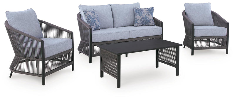 Bridges Beach - Loveseat, Lounge Chairs, Table Set (Set of 4) - Gray