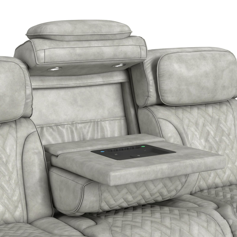Prime Time - P3 Sofa With Ddt, 3.0 Table, 7 Colors (Led And Cup Holders), Reading Light, Vibration, Speaker, And Heat Massage - Leather Gel Light Gray