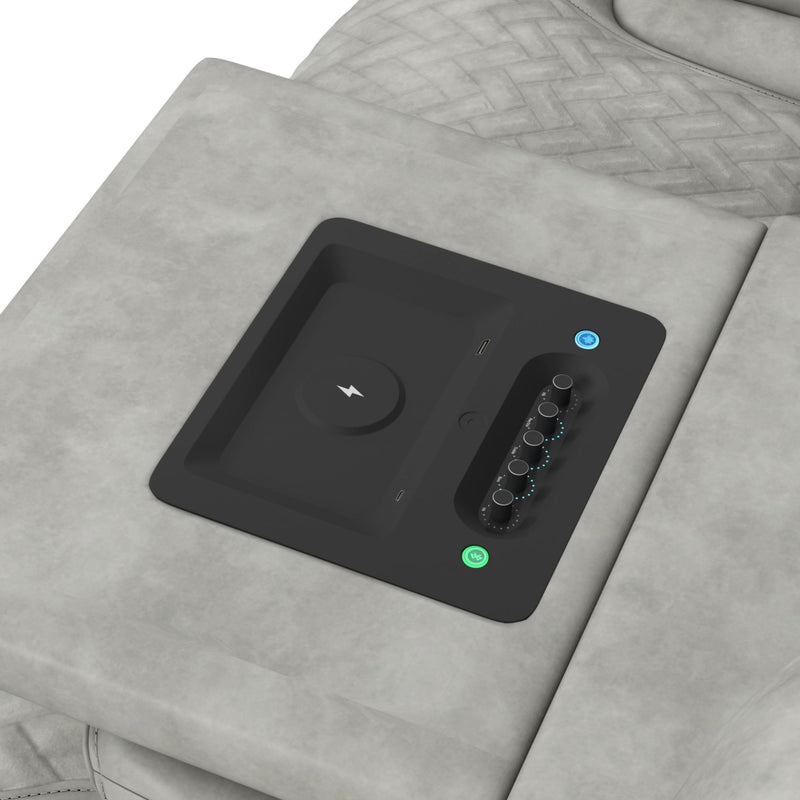 Prime Time - P3 Sofa With Ddt, 3.0 Table, 7 Colors (Led And Cup Holders), Reading Light, Vibration, Speaker, And Heat Massage - Leather Gel Light Gray