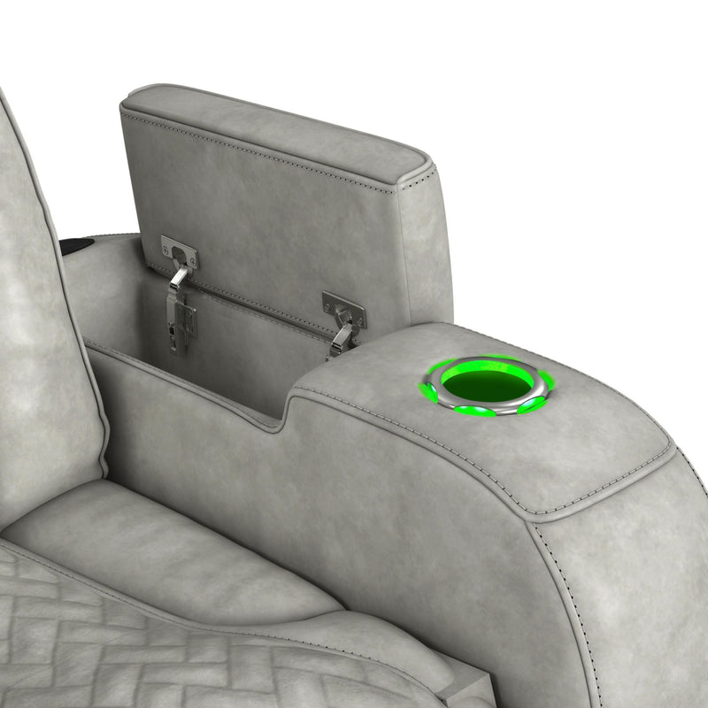 Prime Time - P3 Sofa With Ddt, 3.0 Table, 7 Colors (Led And Cup Holders), Reading Light, Vibration, Speaker, And Heat Massage - Leather Gel Light Gray