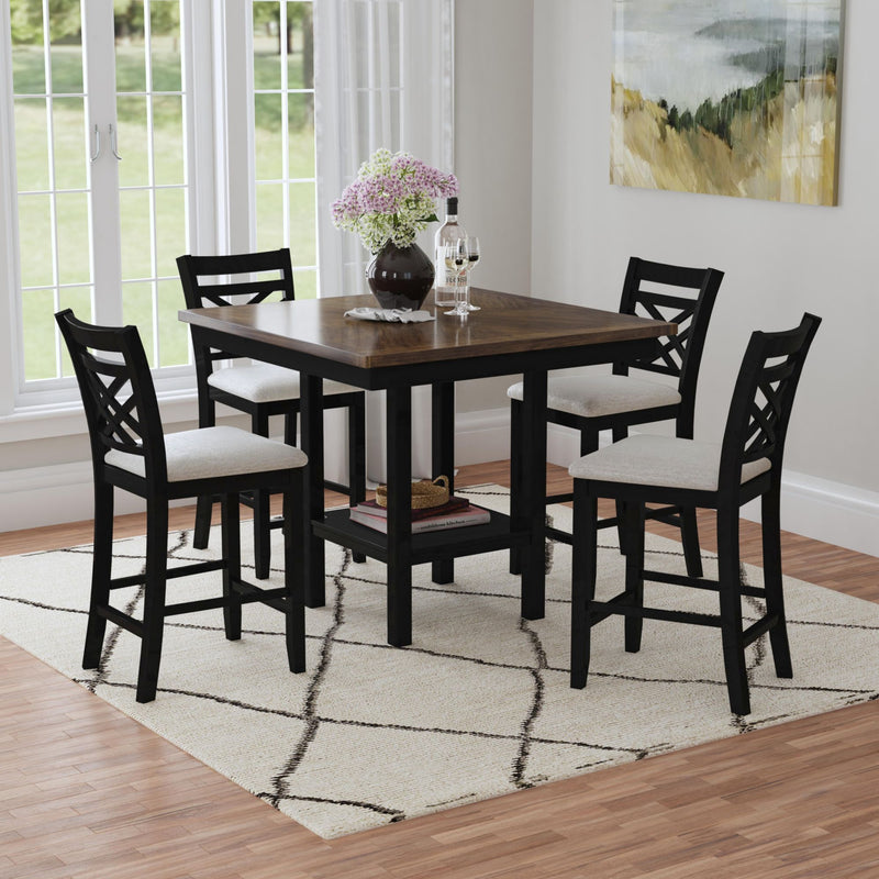 Brooks - 5 Piece Counter Set With Table And 4 Upholstered Seat & Wood Back Chairs - Medium Brown & Black