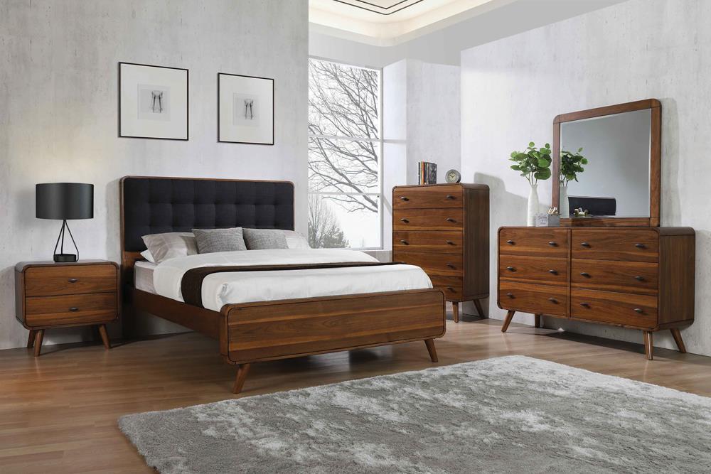 Robyn California King, E.King, & Queen Bed with Upholstered Headboard Dark Walnut