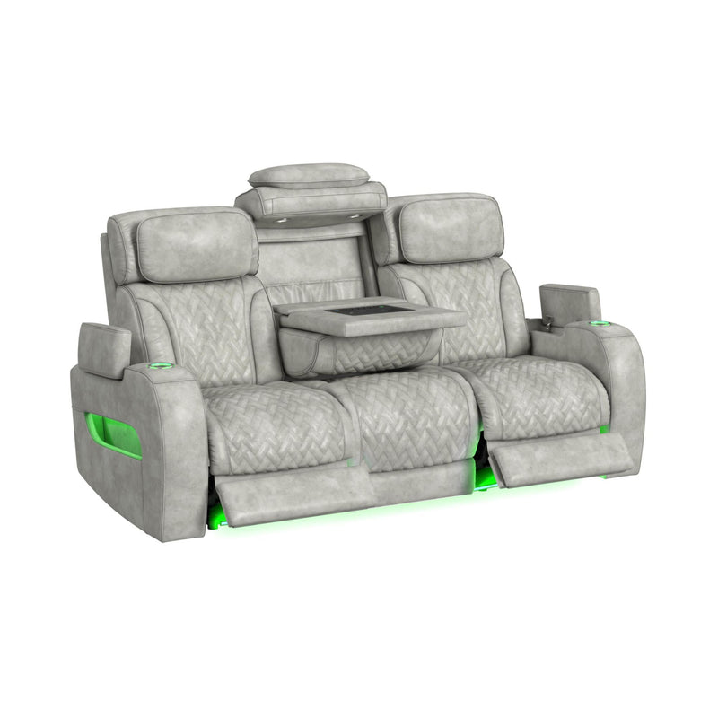 Prime Time - P3 Sofa With Ddt, 3.0 Table, 7 Colors (Led And Cup Holders), Reading Light, Vibration, Speaker, And Heat Massage - Leather Gel Light Gray