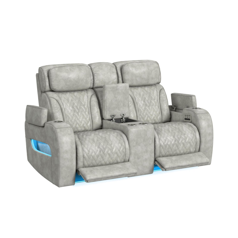 Prime Time - P3 Loveseat With Console, 7 Colors Led, Cup Holders And Wireless Charger Controller - Leather Gel Light Gray