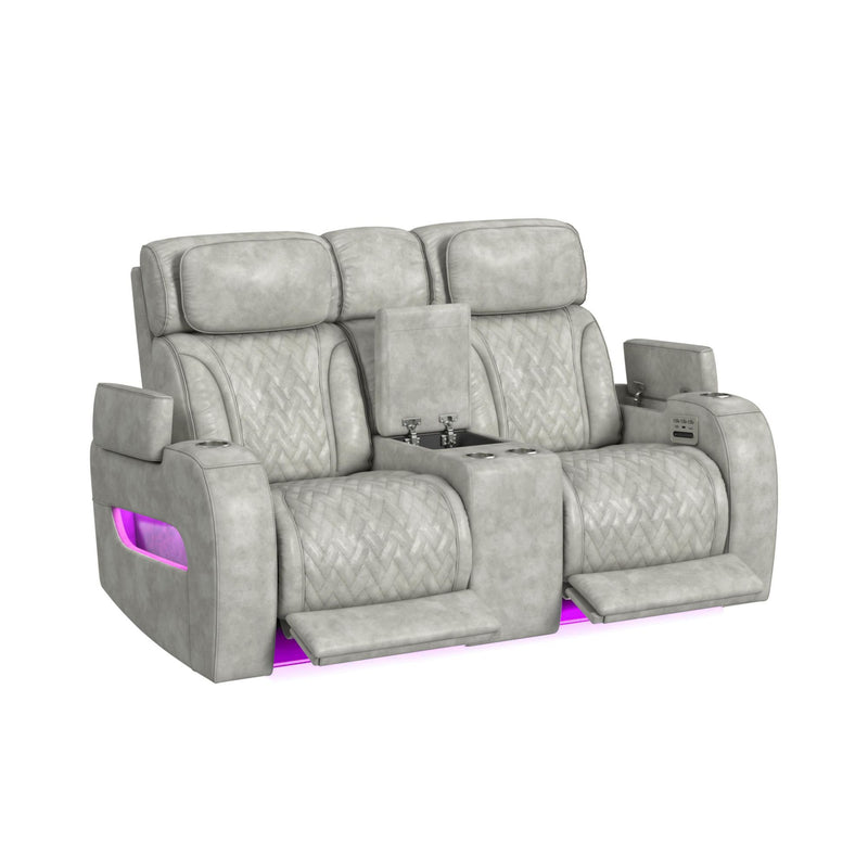 Prime Time - P3 Loveseat With Console, 7 Colors Led, Cup Holders And Wireless Charger Controller - Leather Gel Light Gray