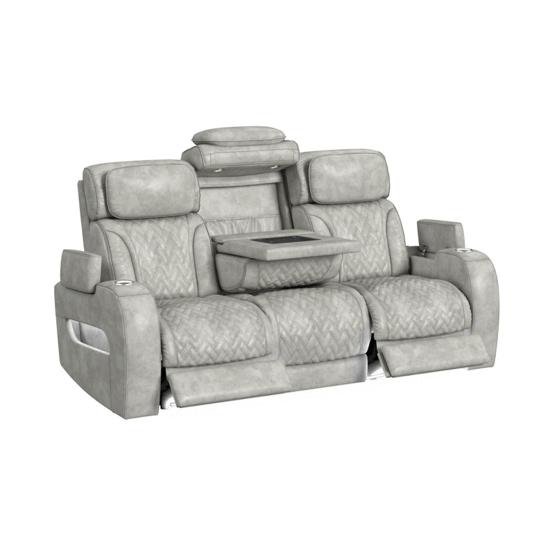 Prime Time - P3 Sofa With Ddt, 3.0 Table, 7 Colors (Led And Cup Holders), Reading Light, Vibration, Speaker, And Heat Massage - Leather Gel Light Gray